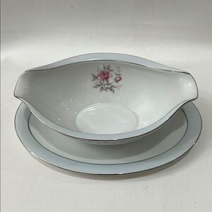 Regency White Blue Silver Floral Pink Rose Serveware Gravy Boat Attached Saucer